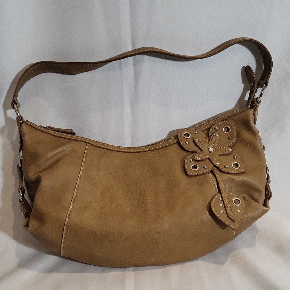 Helen Welsh Currency Tan shoulder hobo bag floral embellishment